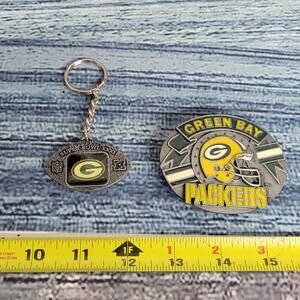 Green Bay Packers belt buckle and key chain gray, green, and yellow